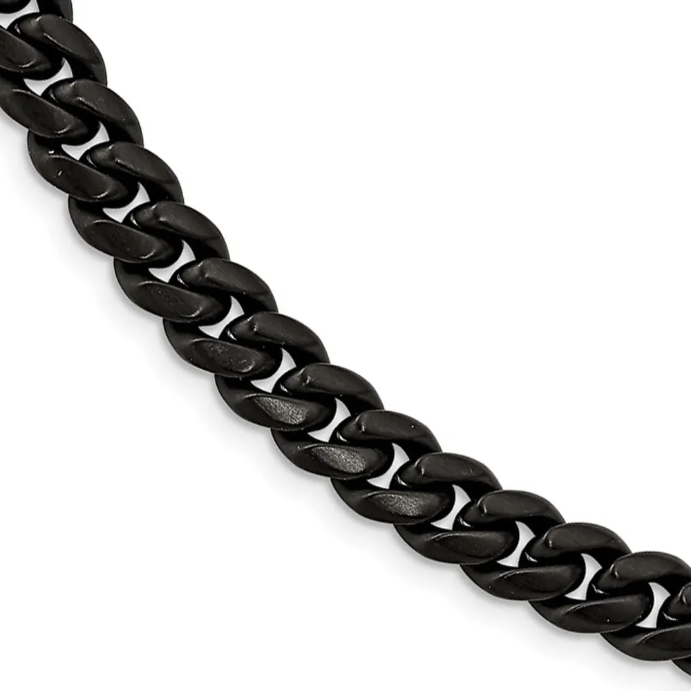 10mm Black Plated Stainless Steel Brushed Curb Chain Bracelet, 8.5 In