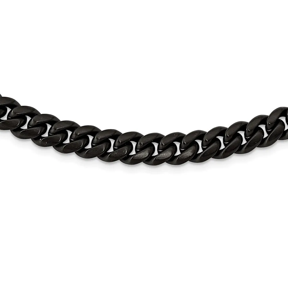 10mm Black Plated Stainless Steel Brushed Curb Chain Bracelet, 8.5 In