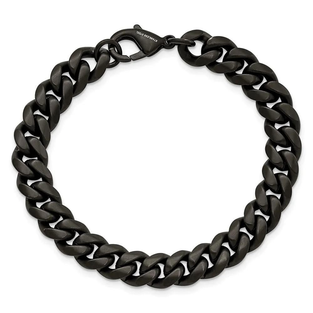 10mm Black Plated Stainless Steel Brushed Curb Chain Bracelet, 8.5 In