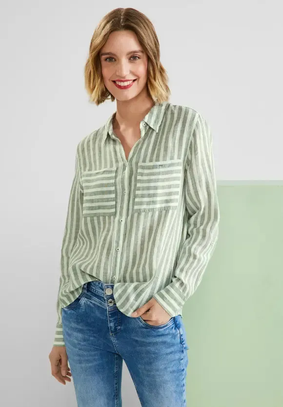 343769- Leafy Green Stripe Linen Shirt - Street One