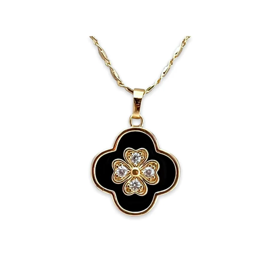 Black enamel clover petals and crystals white pendant necklace in 18k gold filled