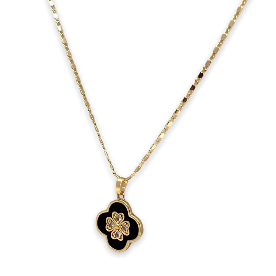 Black enamel clover petals and crystals white pendant necklace in 18k gold filled