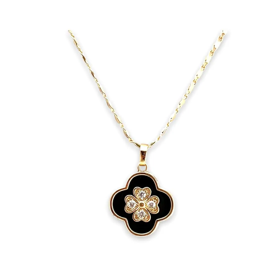 Black enamel clover petals and crystals white pendant necklace in 18k gold filled