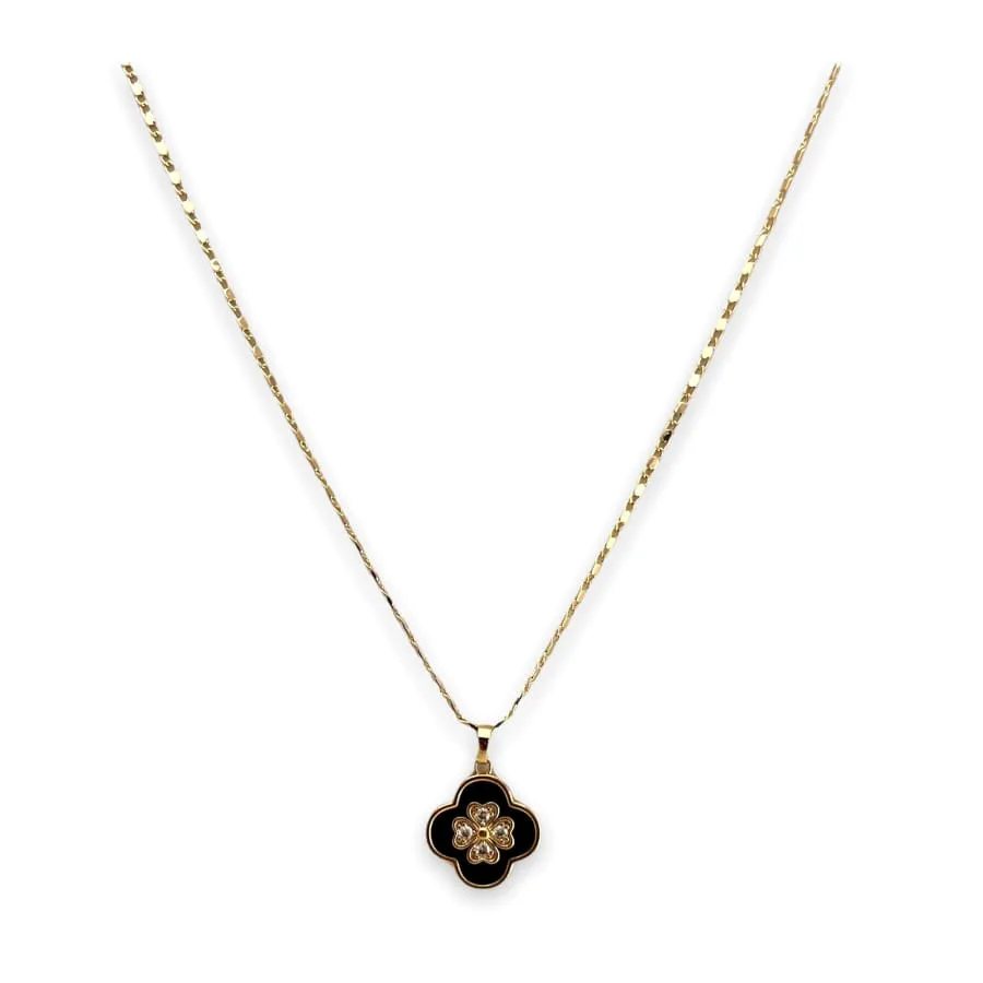 Black enamel clover petals and crystals white pendant necklace in 18k gold filled