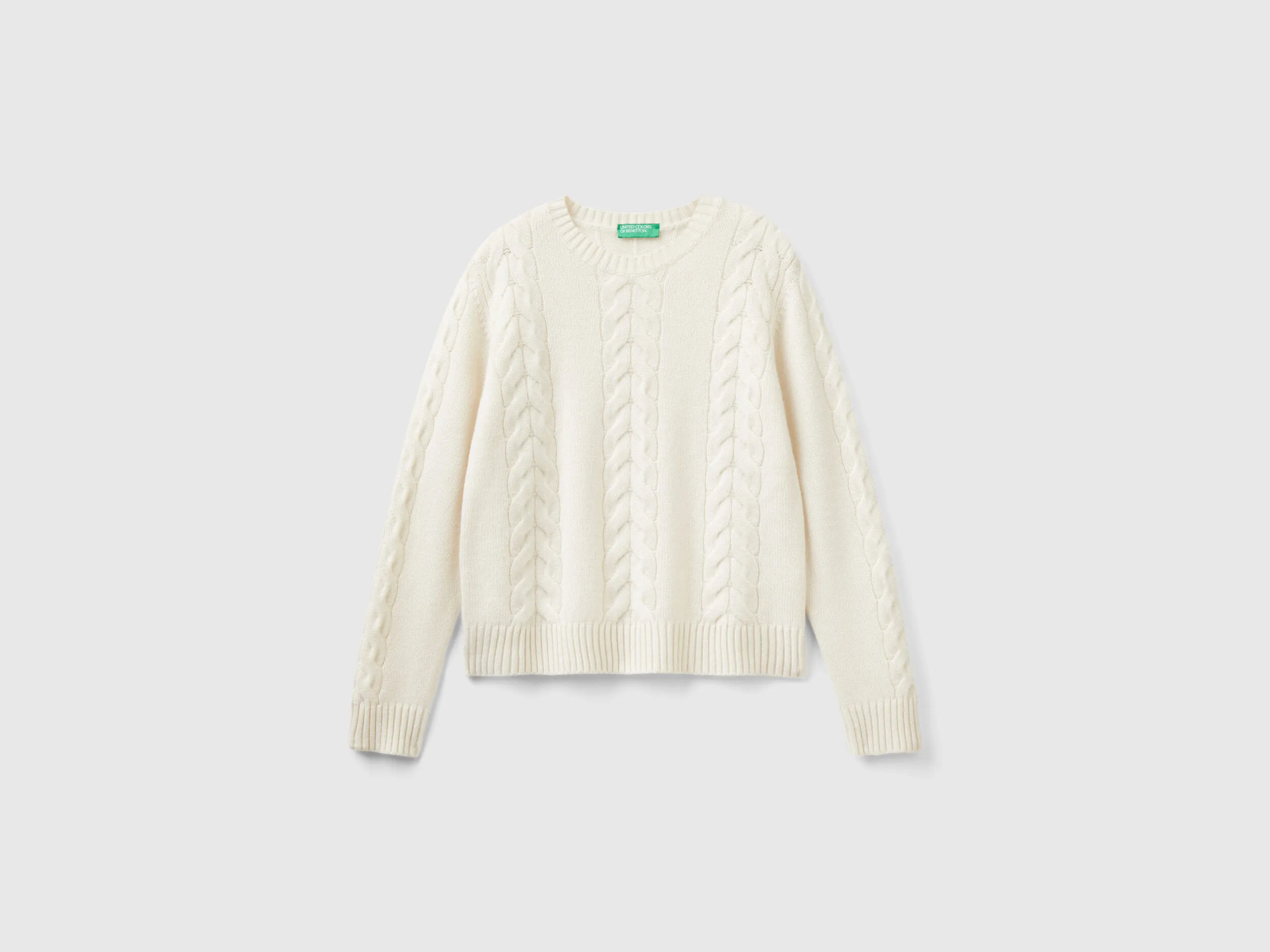 Cable knit sweater in pure cashmere - Creamy White | Benetton