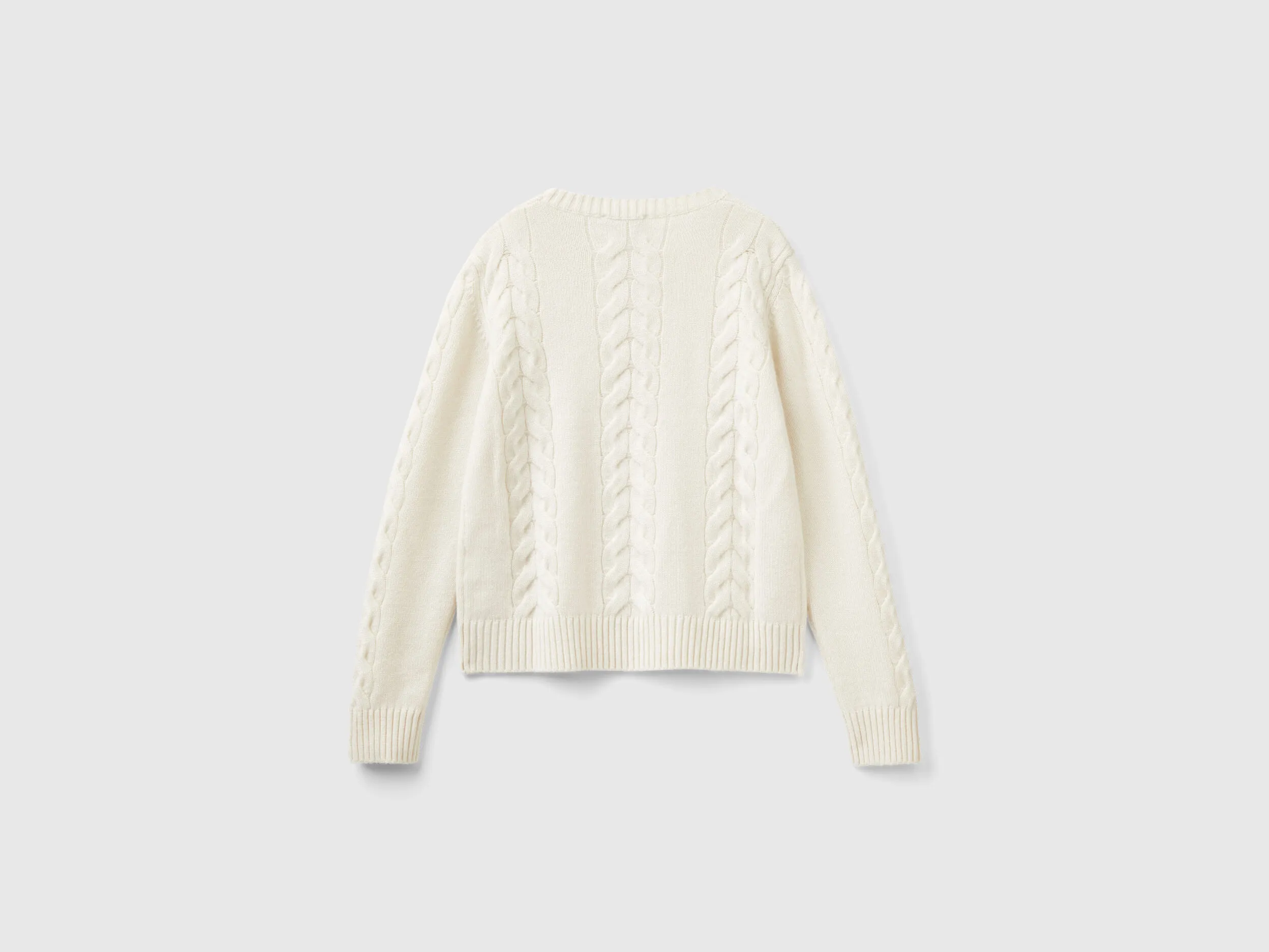 Cable knit sweater in pure cashmere - Creamy White | Benetton