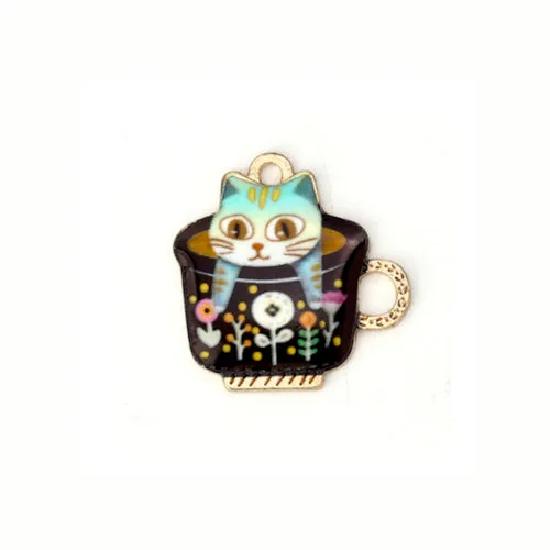 Charms, Cat In Cup, Black, Floral, Enameled, Light Gold, Alloy, 23mm