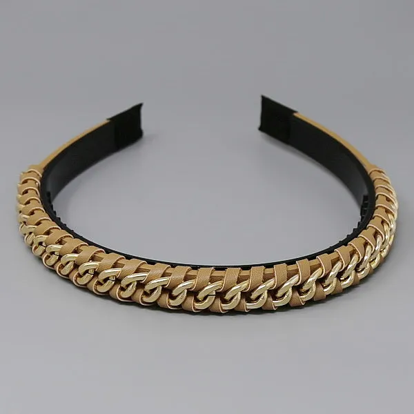 Curb Chain Accented Leather Wrapped Headband