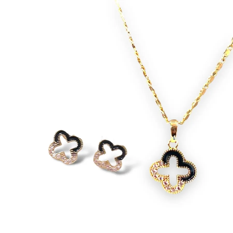 Cz black and pink clover petals and crystals white pendant necklace in 18k gold filled