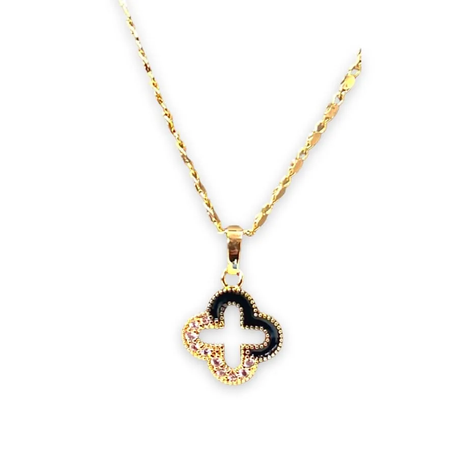 Cz black and pink clover petals and crystals white pendant necklace in 18k gold filled