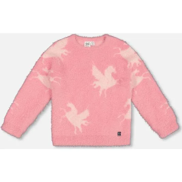 Deux par Deux Jacquard Unicorn Sweater Hairy Knit, Pink