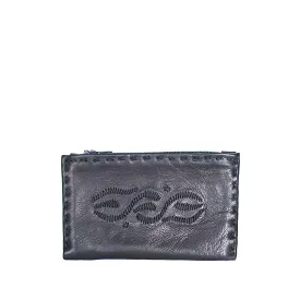 Embroidered Leather Coin Wallet in Black