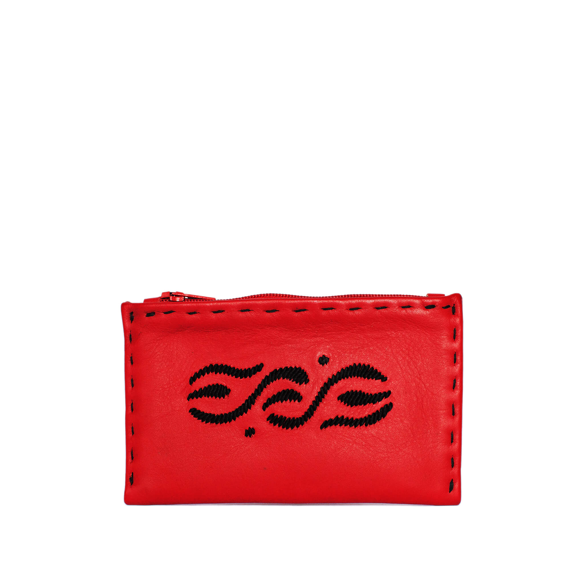 Embroidered Leather Coin Wallet in Red, Black