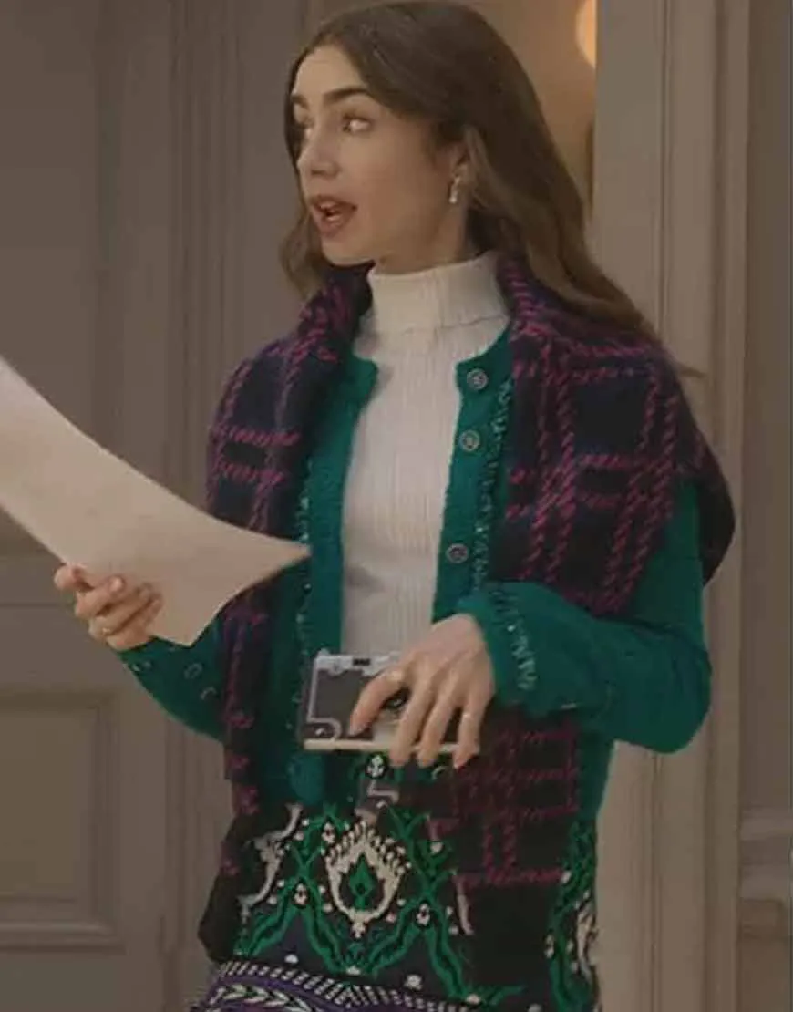 Emily In Paris Lily Collins Checked Sweater | Ujackets.com