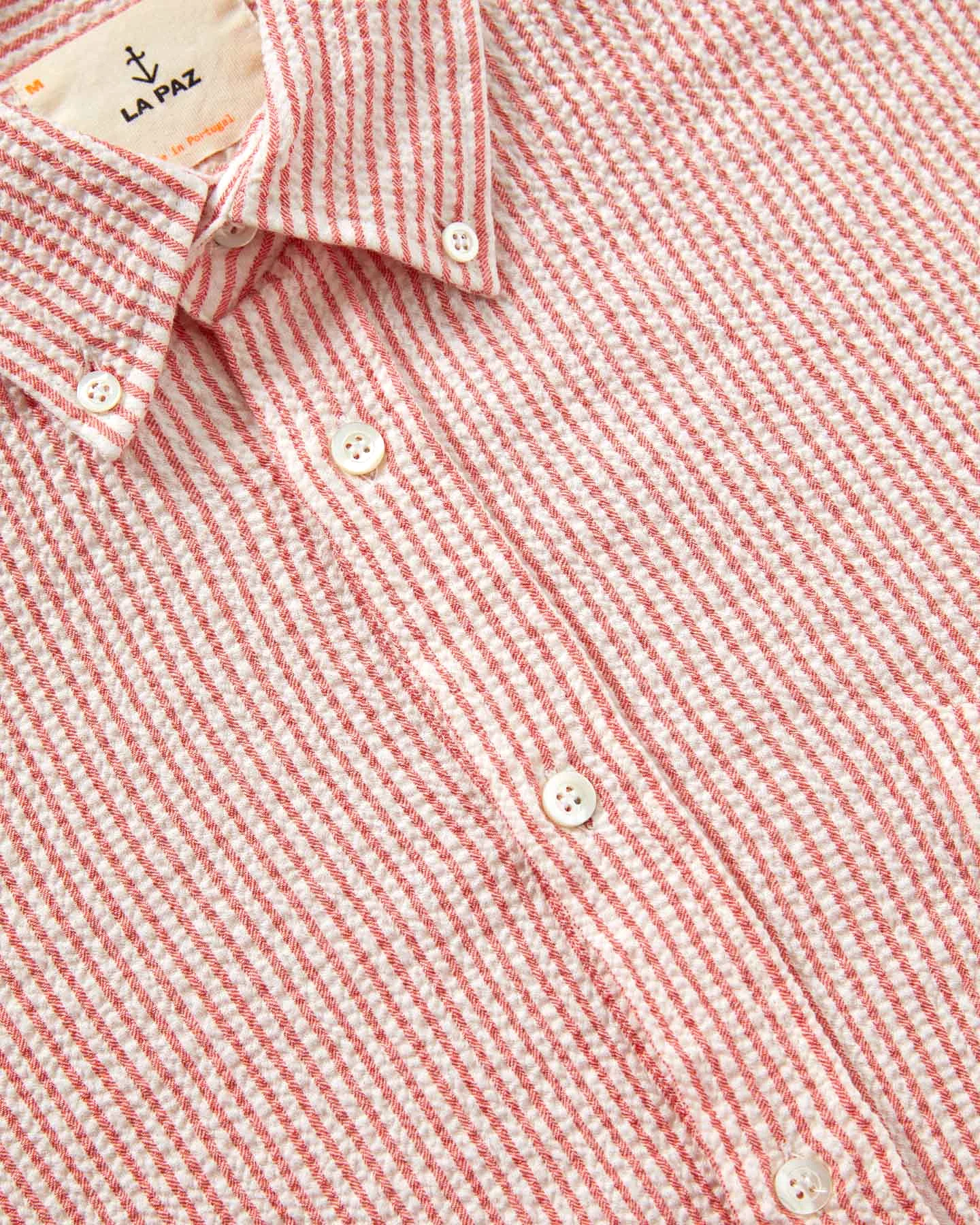 LA PAZ Branco Button Down Seerksucker Shirt Fiesta Stripes