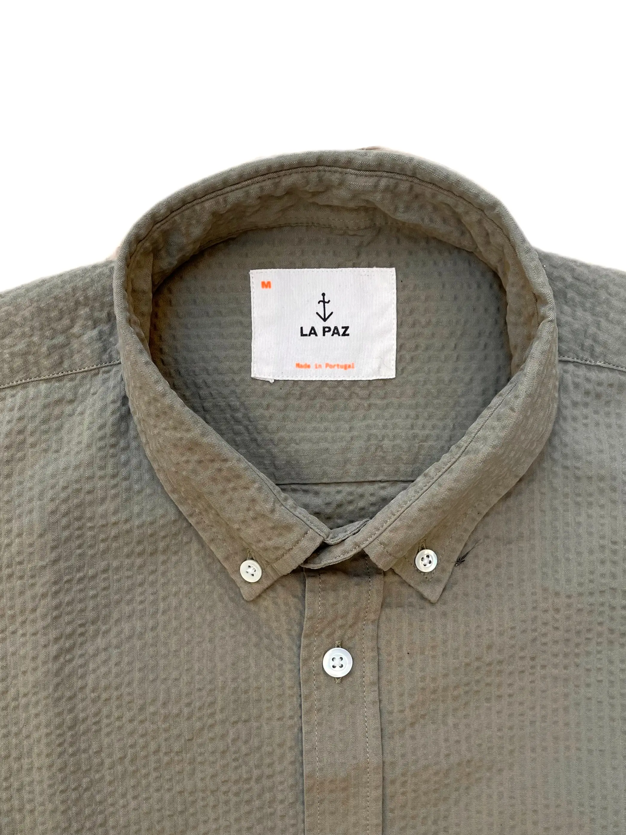 LA PAZ Branco Button Down Seerksucker Shirt Safari Khaki