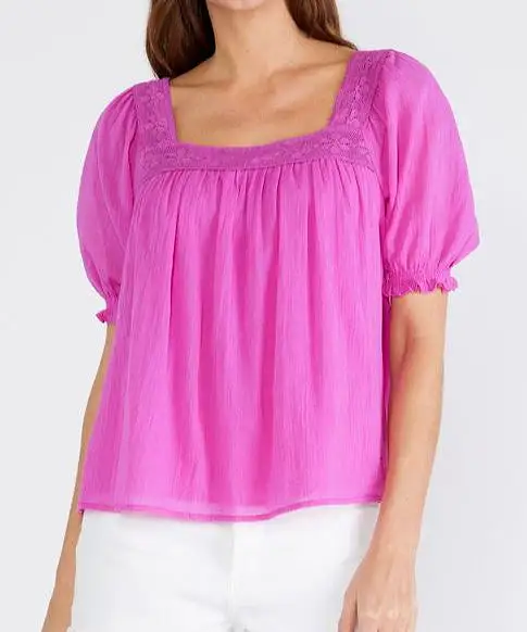 Lace Trim Square Neck Blouse - Orchid