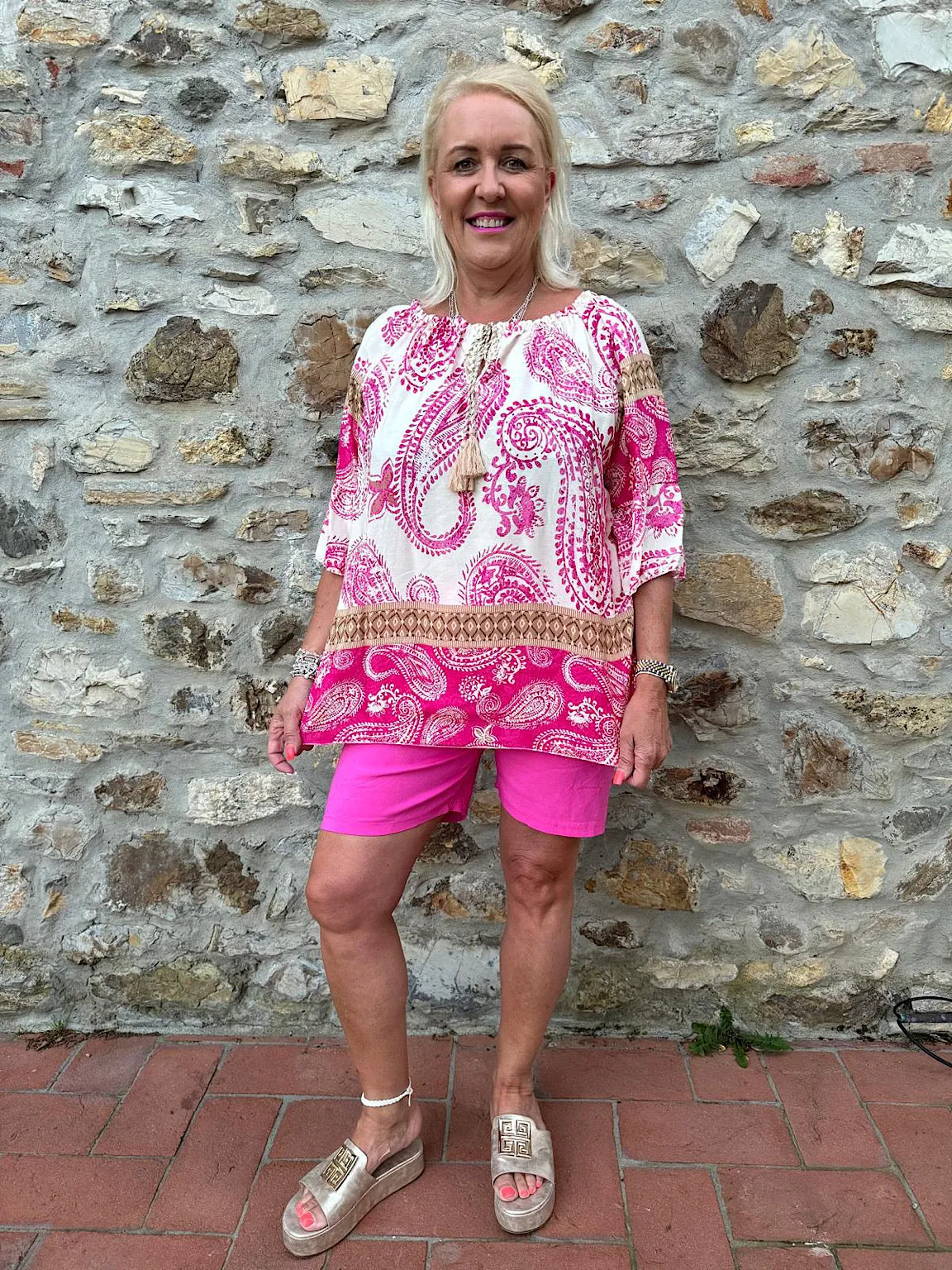 Lipstick Pink Paisley Bardot Tassel Blouse Maria