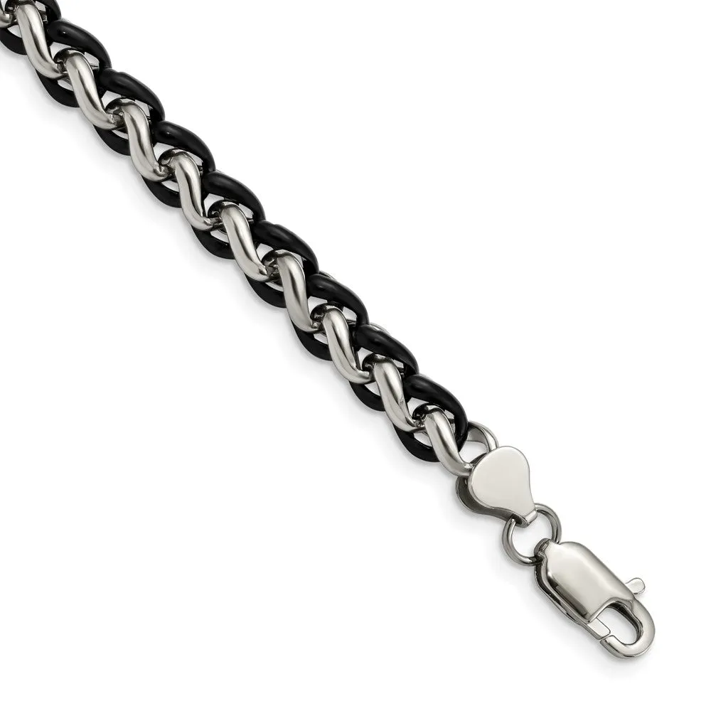 Men's 7mm Stainless Steel & Black Plated Spiga Chain Bracelet, 8.25 In