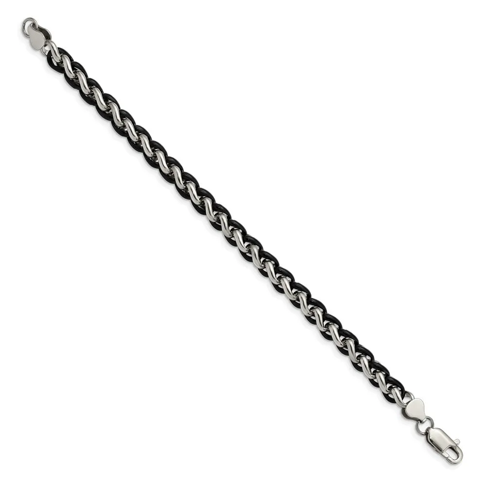 Men's 7mm Stainless Steel & Black Plated Spiga Chain Bracelet, 8.25 In