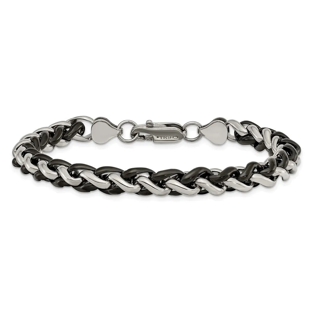 Men's 7mm Stainless Steel & Black Plated Spiga Chain Bracelet, 8.25 In