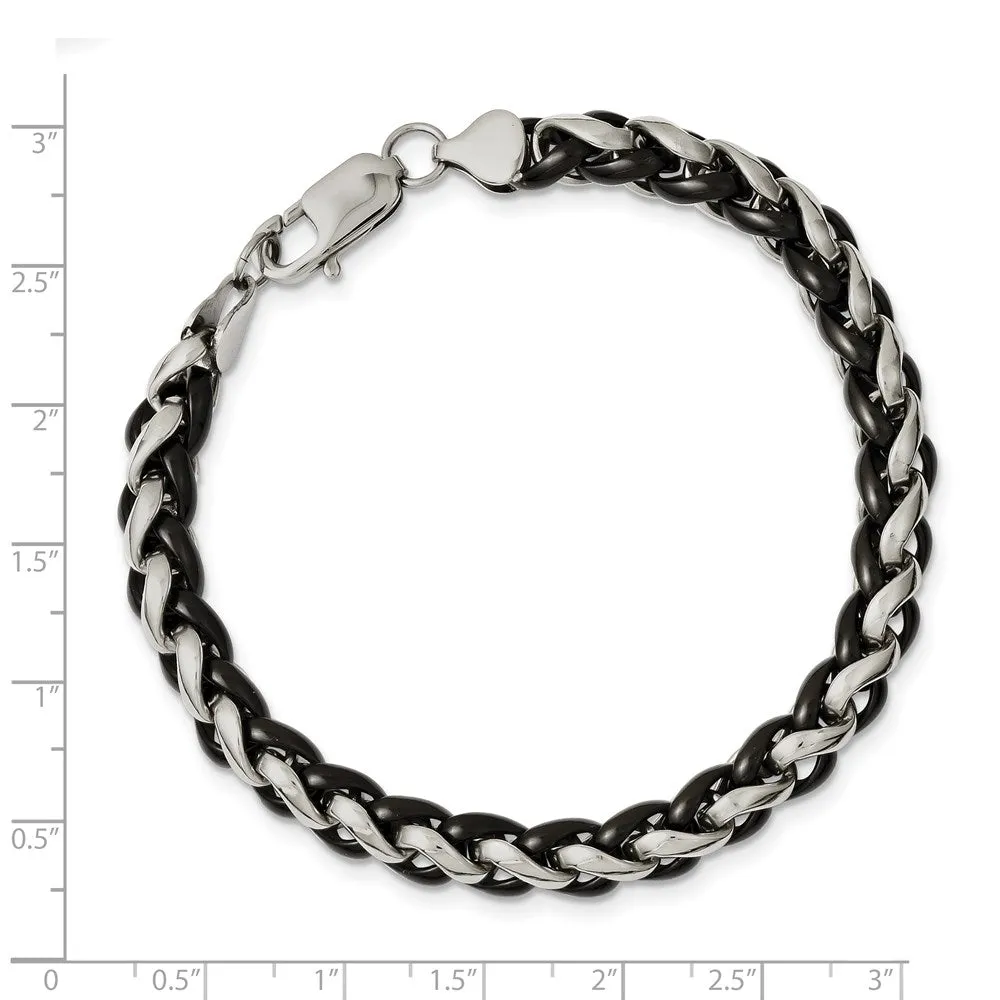 Men's 7mm Stainless Steel & Black Plated Spiga Chain Bracelet, 8.25 In