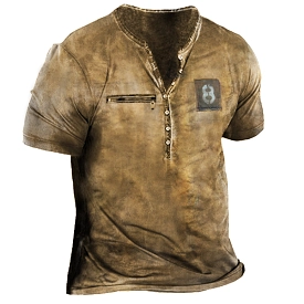 Men's Outdoor Zip Henley Collar Vintage Print Tactical Short Sleeve T-Shirt