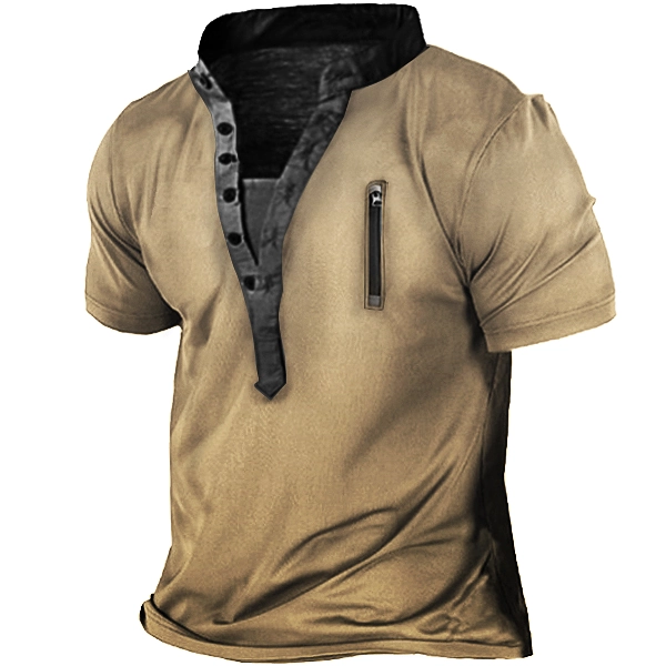 Men's Outdoor Zip Retro Print Tactical Heney Short Sleeve T-Shirt