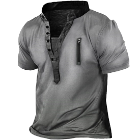 Men's Outdoor Zip Retro Print Tactical Heney Short Sleeve T-Shirt