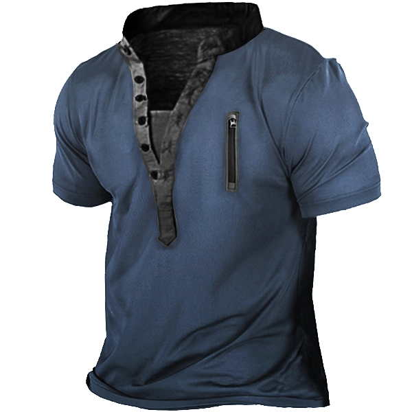 Men's Outdoor Zip Retro Print Tactical Heney Short Sleeve T-Shirt