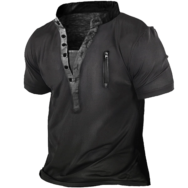 Men's Outdoor Zip Retro Print Tactical Heney Short Sleeve T-Shirt