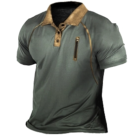 Men's Outdoor Zip Retro Print Tactical Polo Short Sleeve T-Shirt