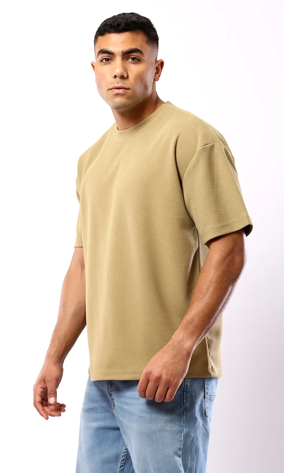 O182740 Self Pattern Dark Beige Relaxed Fit Polyester Tee