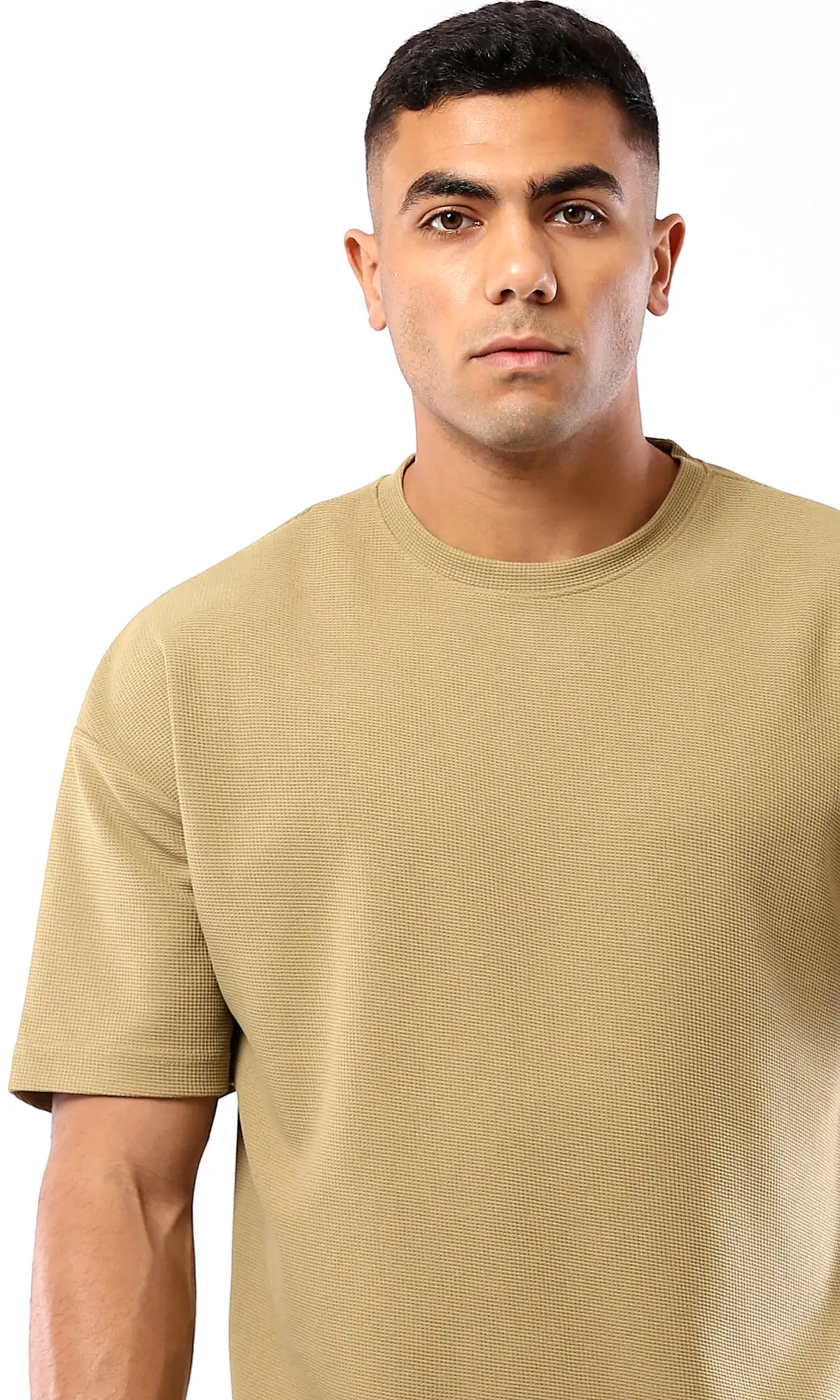 O182740 Self Pattern Dark Beige Relaxed Fit Polyester Tee