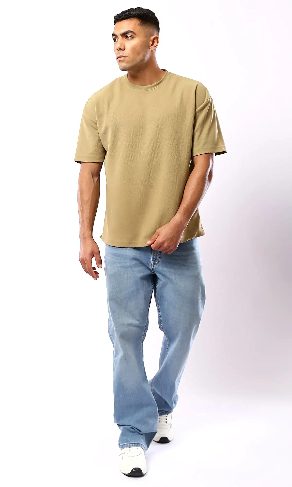 O182740 Self Pattern Dark Beige Relaxed Fit Polyester Tee