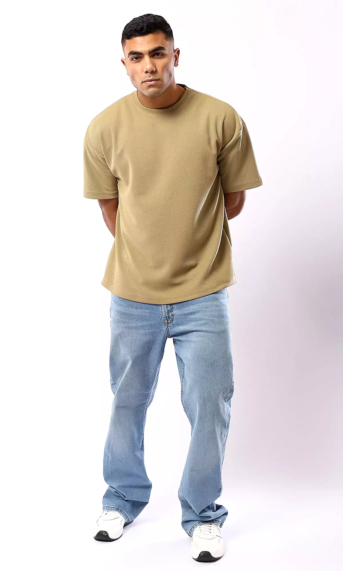 O182740 Self Pattern Dark Beige Relaxed Fit Polyester Tee