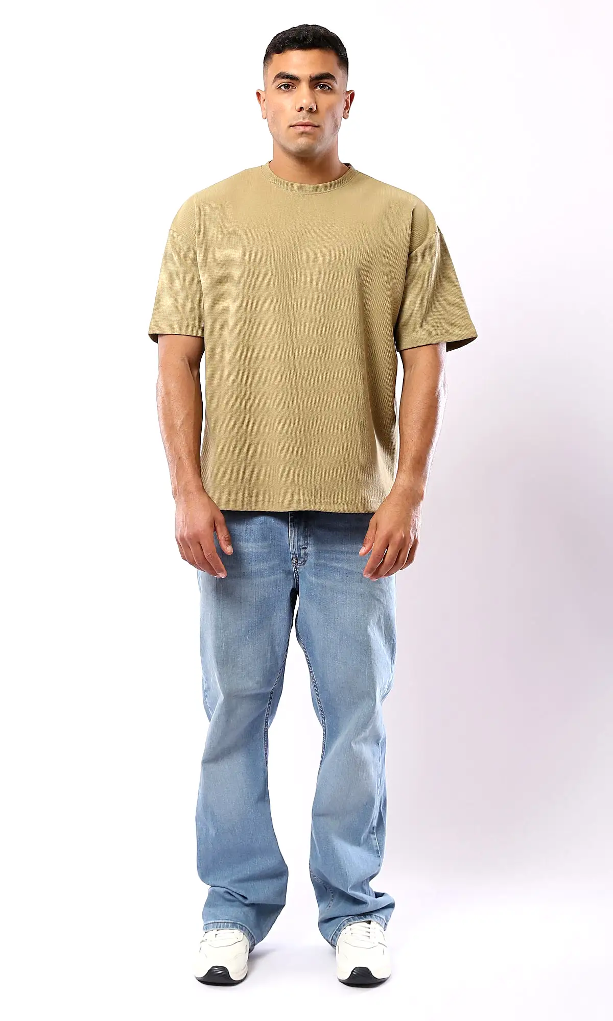 O182740 Self Pattern Dark Beige Relaxed Fit Polyester Tee