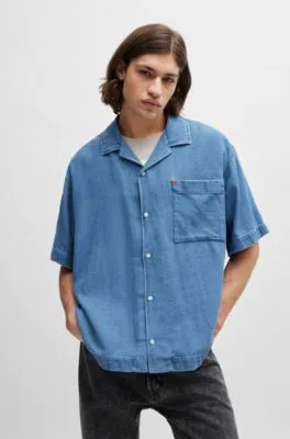 Oversize-fit short-sleeved shirt in blue cotton denim