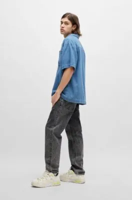 Oversize-fit short-sleeved shirt in blue cotton denim