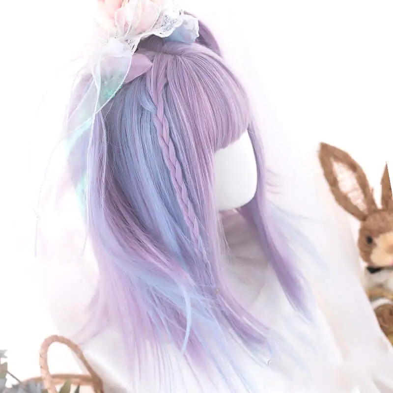 Pastel blue purple pick dyed short straight wig BY5050