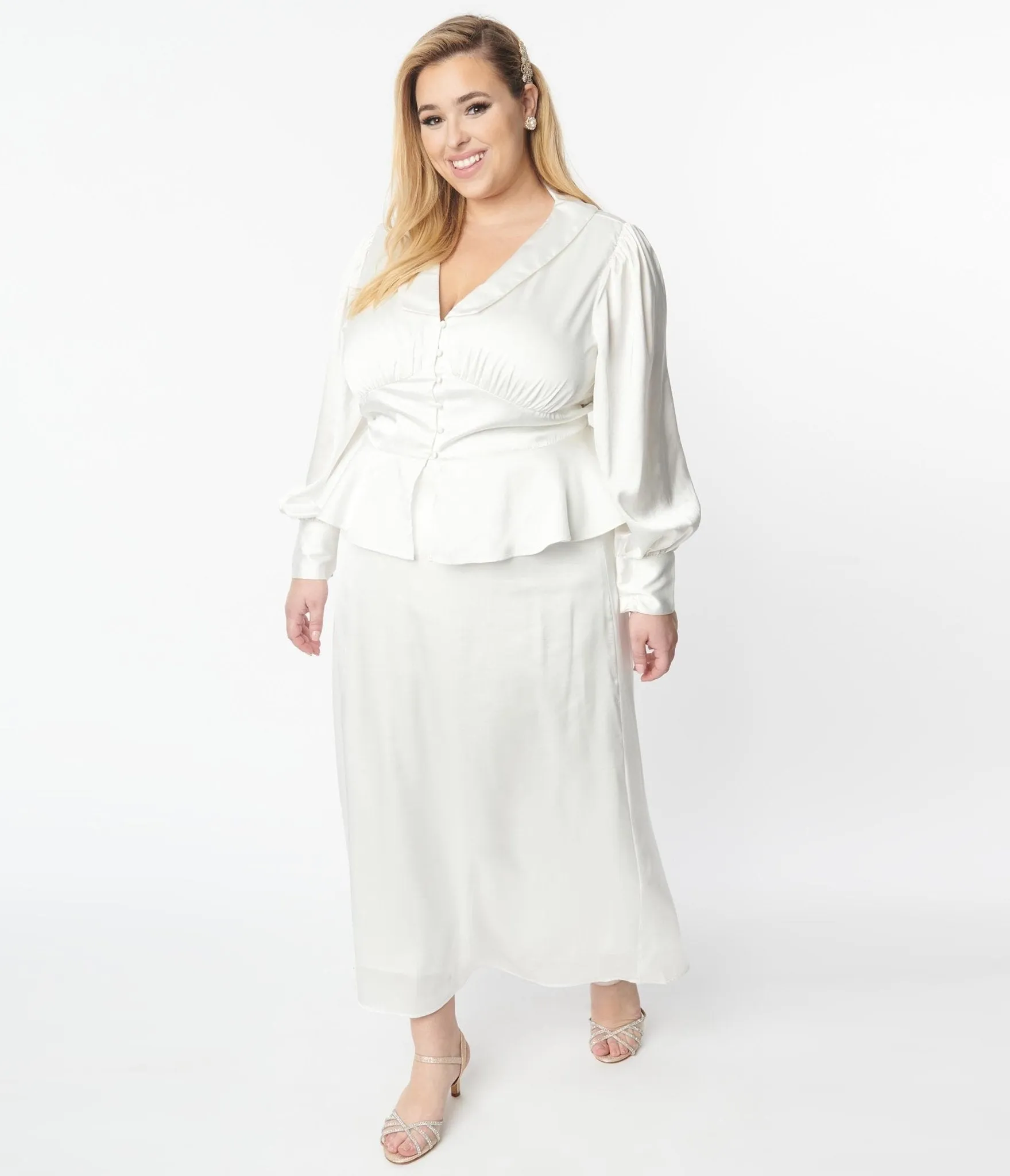 Plus Size Ivory Long Sleeve Blouse & Midi Skirt Bridal Set