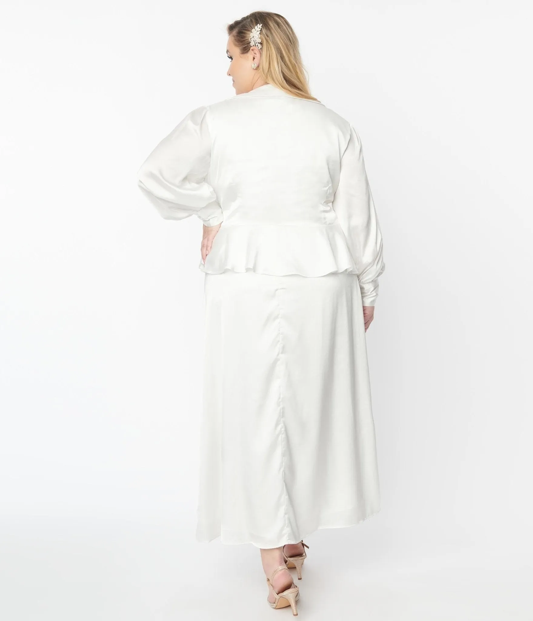 Plus Size Ivory Long Sleeve Blouse & Midi Skirt Bridal Set