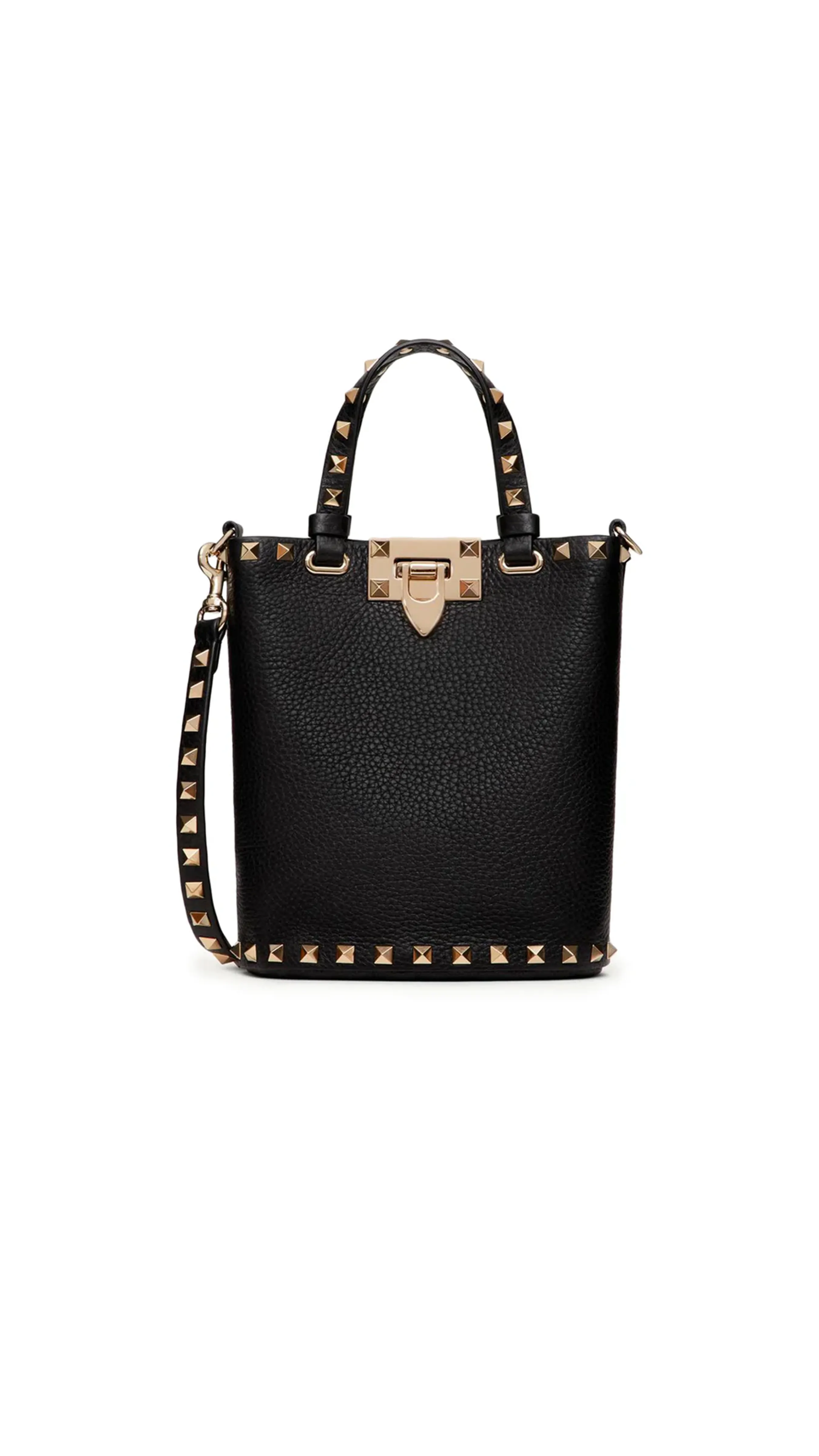 Pouch With Rockstud Shoulder Strap In Grained Calfskin - Black