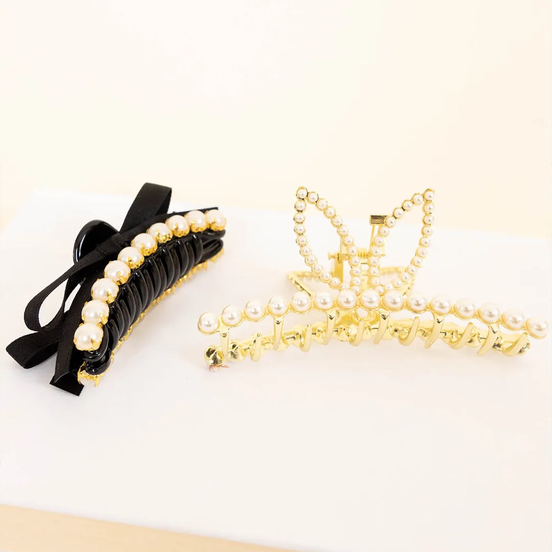 Pretty In Pearls Hair Clips, Gold-Black