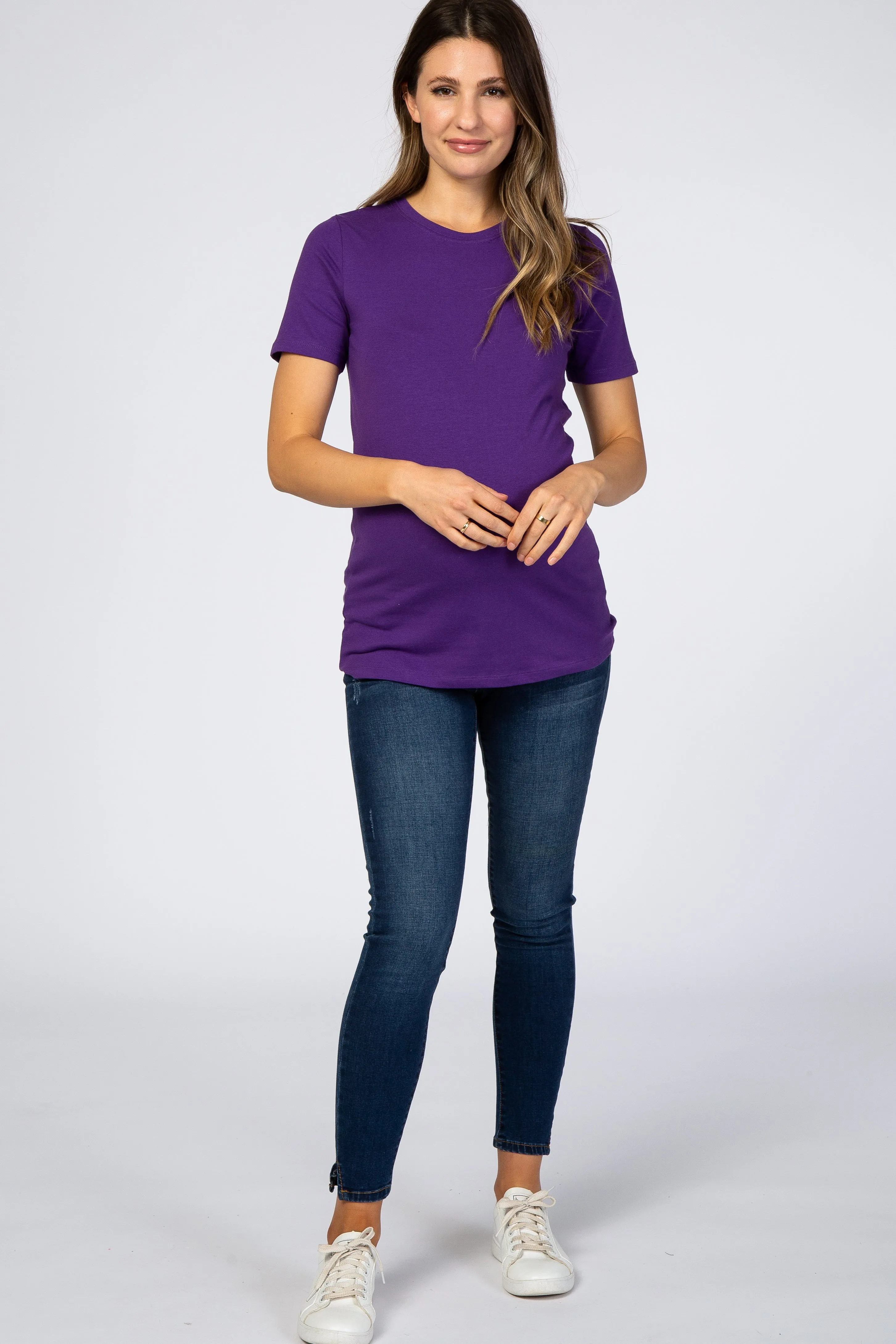 Purple Crew Neck Short Sleeve Maternity Top