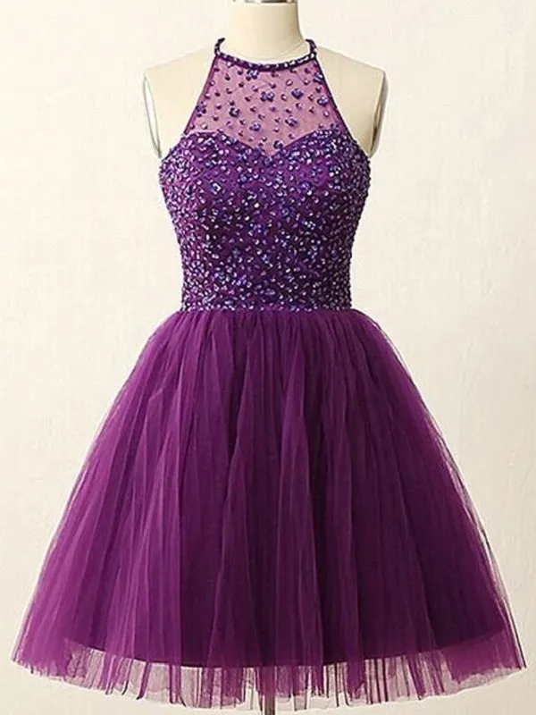 Purple Juniors Bead Halter Top Short Prom Dress |  Homecoming Dress