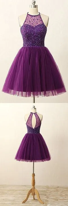 Purple Juniors Bead Halter Top Short Prom Dress |  Homecoming Dress