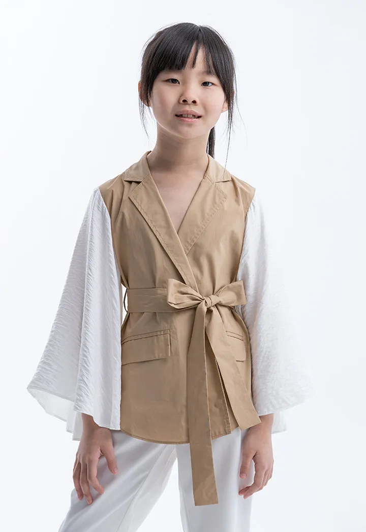 Ruffled Sleeves Collared Open Blouse with Belt