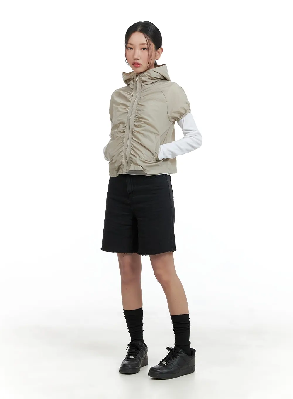 Shirred Hooded Short-Sleeve Nylon Jacket CA415