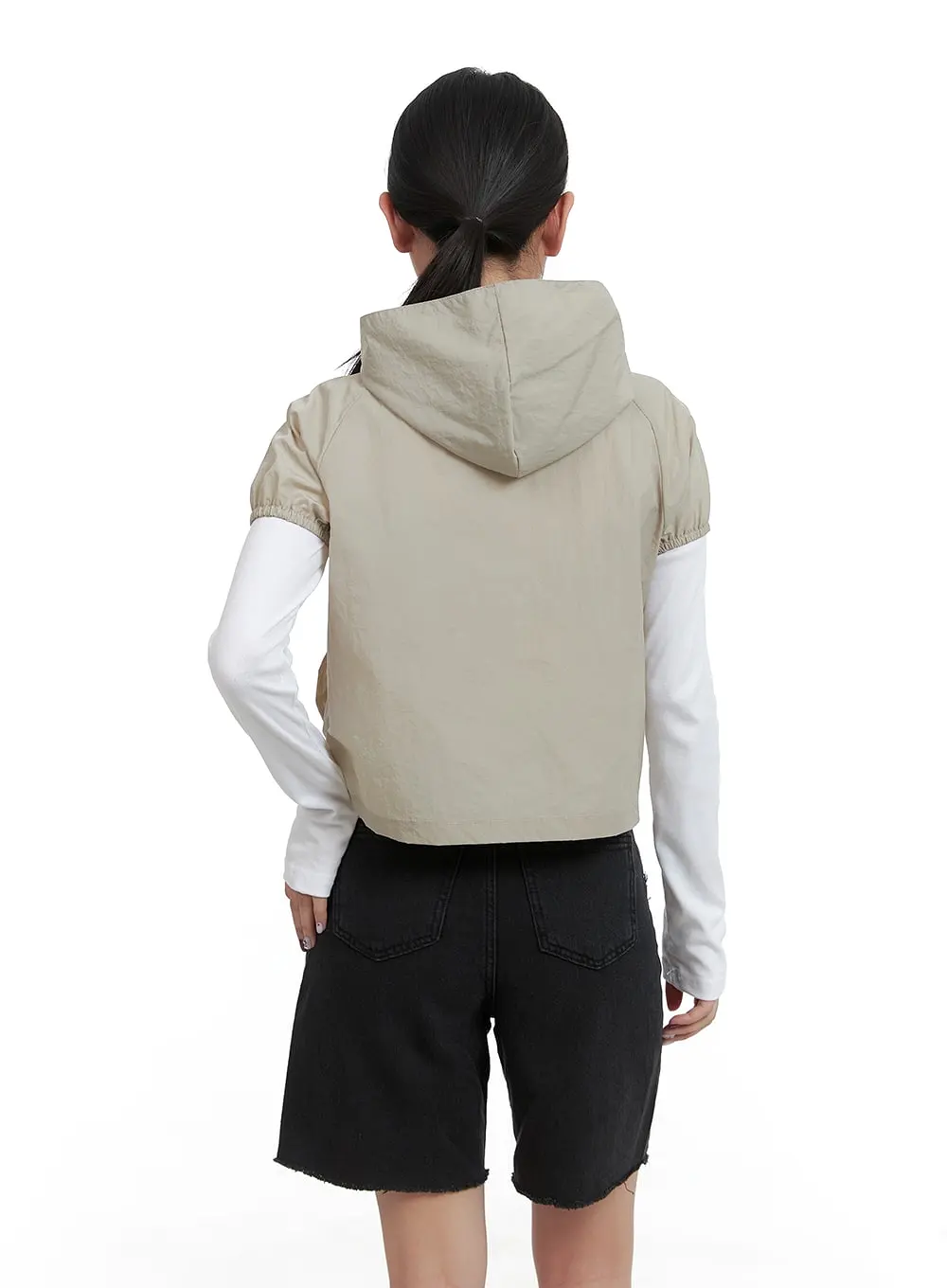 Shirred Hooded Short-Sleeve Nylon Jacket CA415